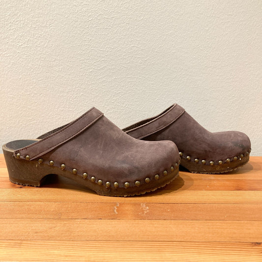 Sandgrens Brown Leather Wood Studded Clog Mule Shoes - Size 37 / 6.5 - 0312IG