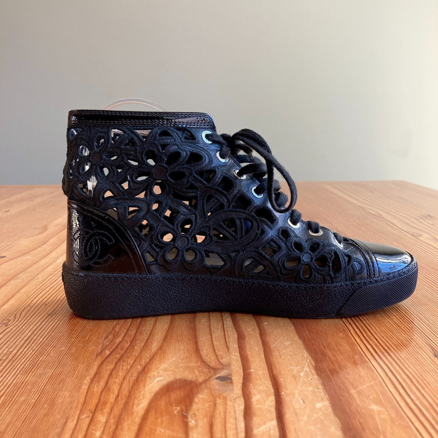 Chanel Black Floral Laser Cut Camelia High Tops Sneakers Shoes - Size 8 - 0709EH