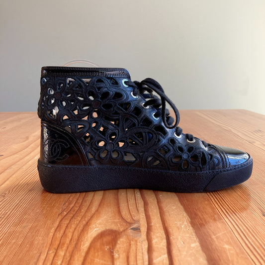 Chanel Black Floral Laser Cut Camelia High Tops Sneakers Shoes - Size 8 - 0709EH