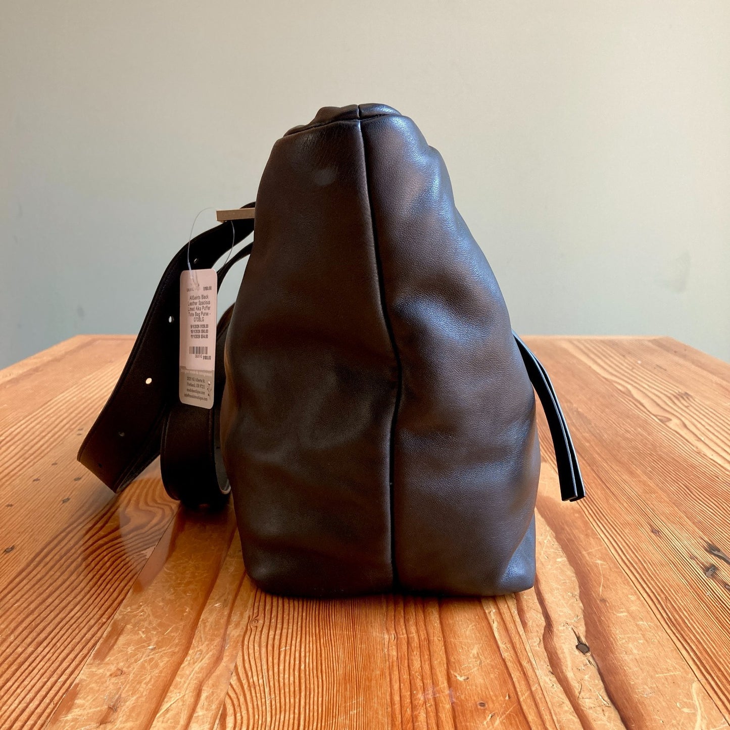 AllSaints Black Leather Spacious Lined Aika Puffer Tote Bag Purse - 0708LG