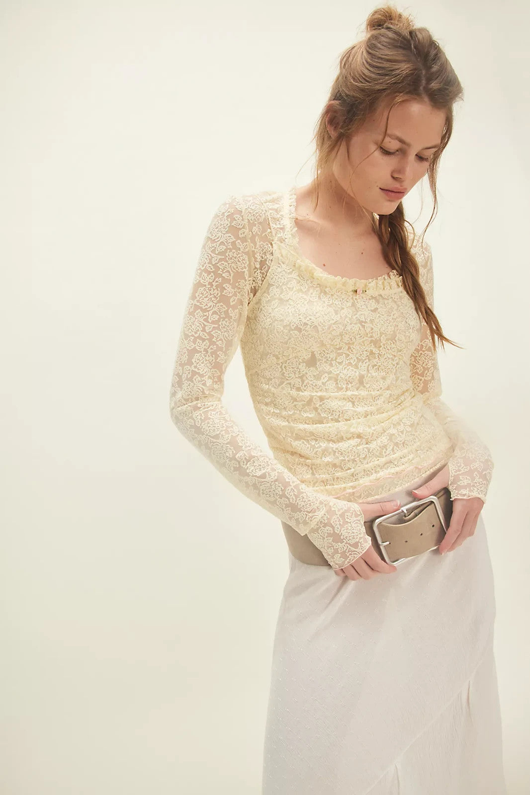 M - Intimately Free People White Lace Turning Heads Long Sleeve Cami Set 1117DB