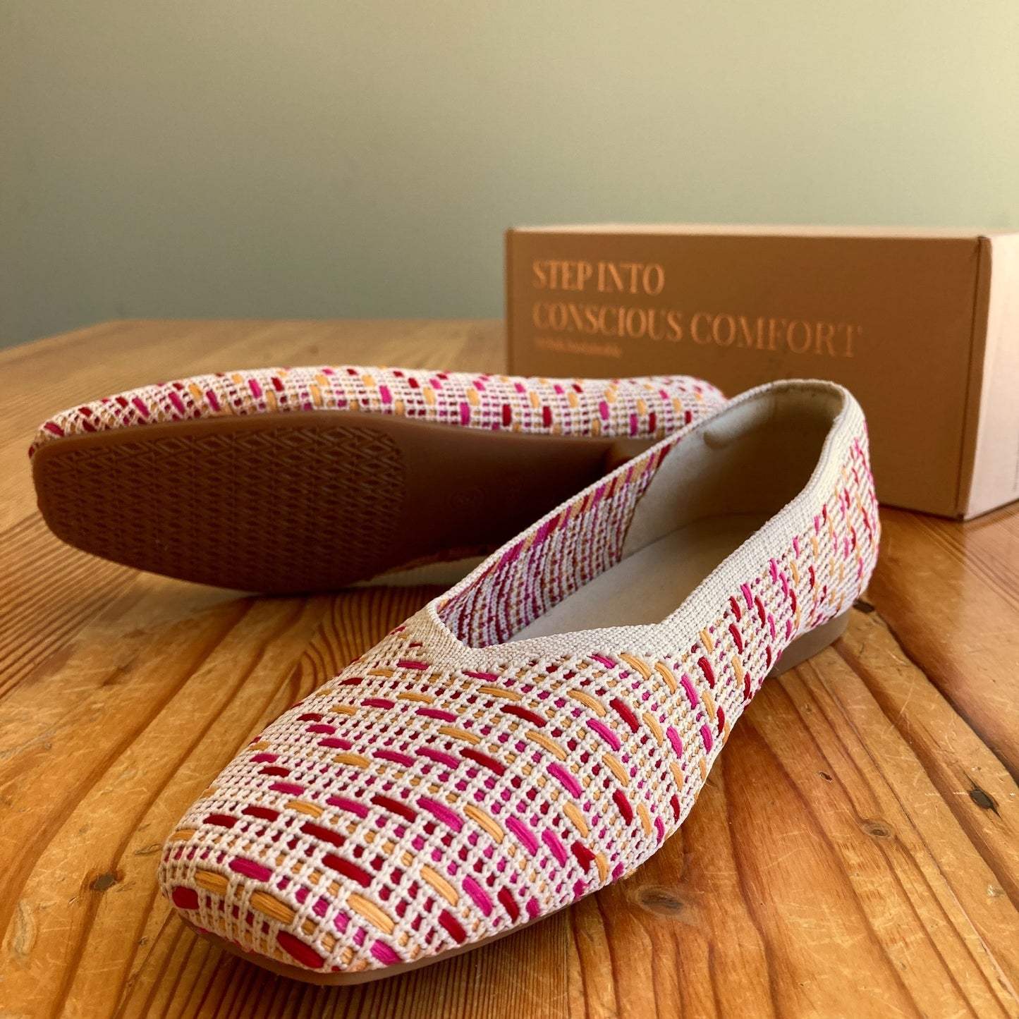 Vivaia Multi Pink Crochet Margot Square Toe Flats NEW w/ Box - 0618SK