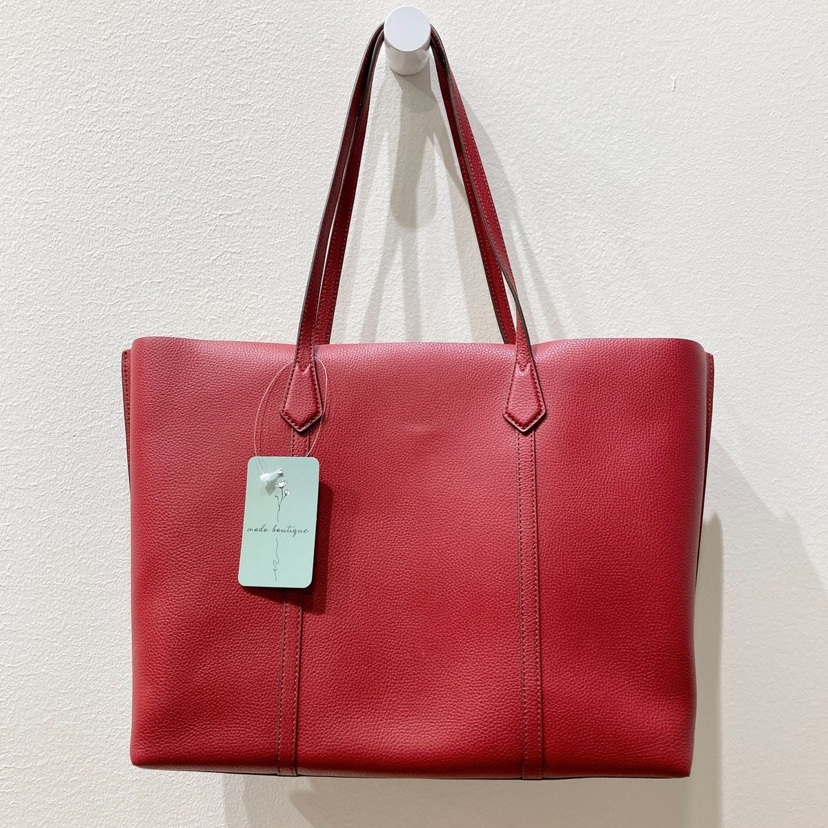 Tory Burch Deep Red Grained Leather Perry Triple Compartment Tote Purse - 0916KJ