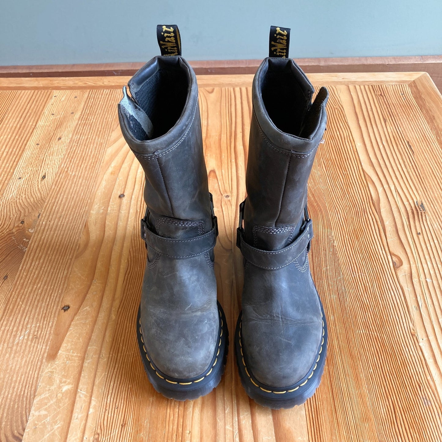 Dr Martens Charcoal Leather Anistone Biker Boots - Size 9 - NEW w/ Box - 0425SV