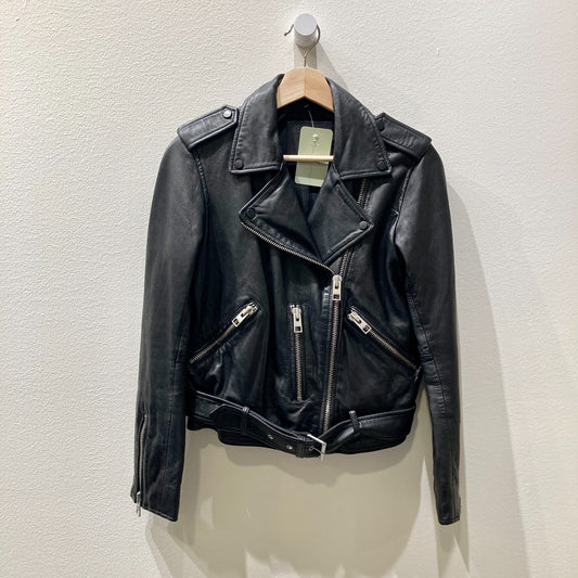 All Saints Black Leather Belted Balfern Moto Jacket - Size S - 1122KP
