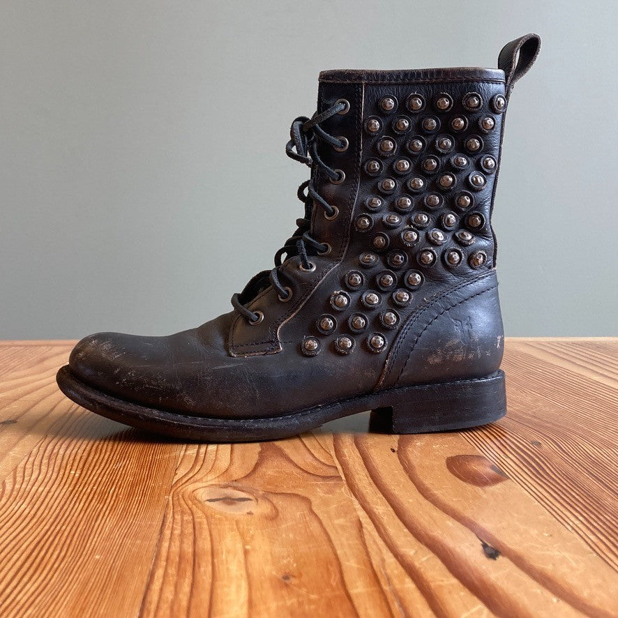 Frye Burnished Black Jenna Disc Laced Combat Studded Boots - Size 7.5 - 0731GH