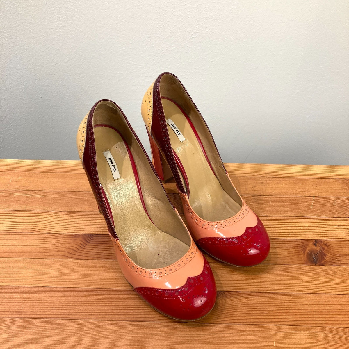 Miu Miu Patent Leather Brogue Colorblock Block Heels - Size 39.5 / 9.5 - 0103JM