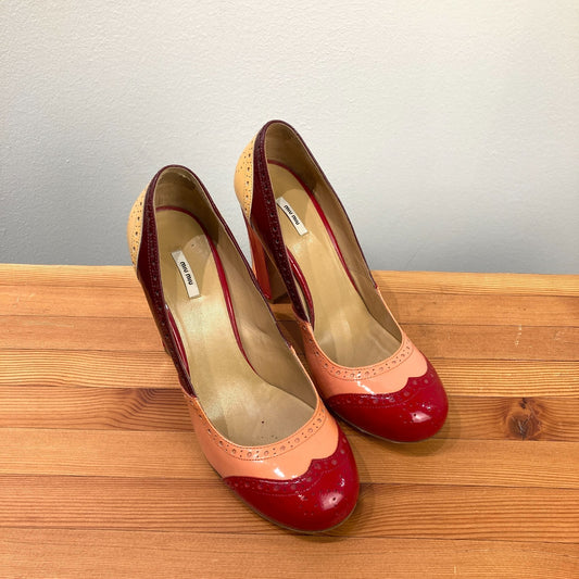 Miu Miu Patent Leather Brogue Colorblock Block Heels - Size 39.5 / 9.5 - 0103JM