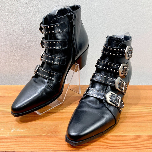 Pertini Black Leather Buckle Studded Ankle Pointed Toe Boots - Size 39 - 1111LM