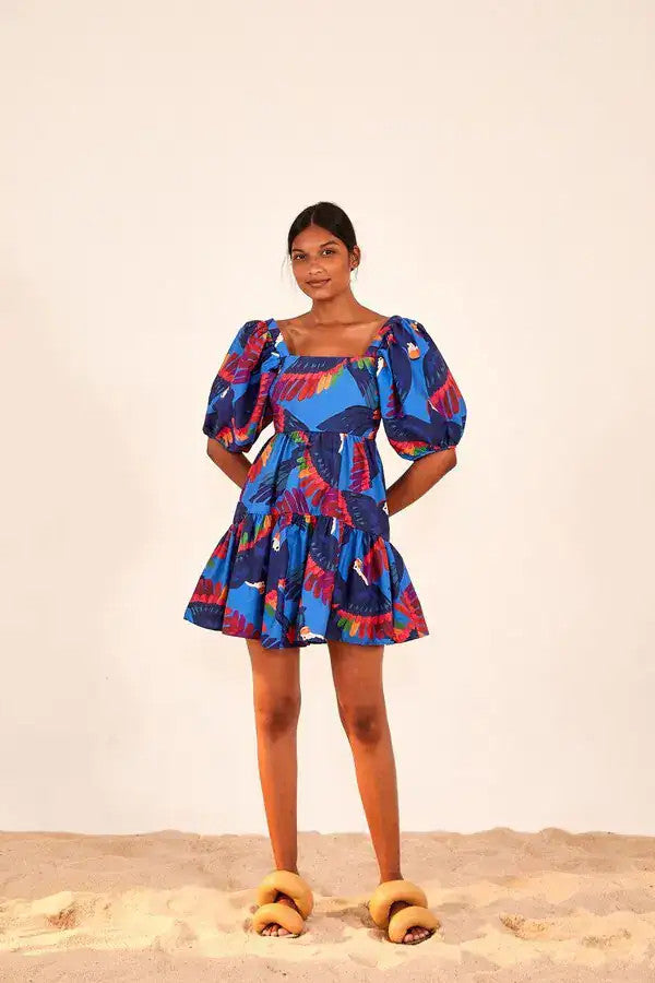 Farm Rio Blue Rainbow Macaw Print Puff Sleeve Mini Dress - Size XL - 0218NM