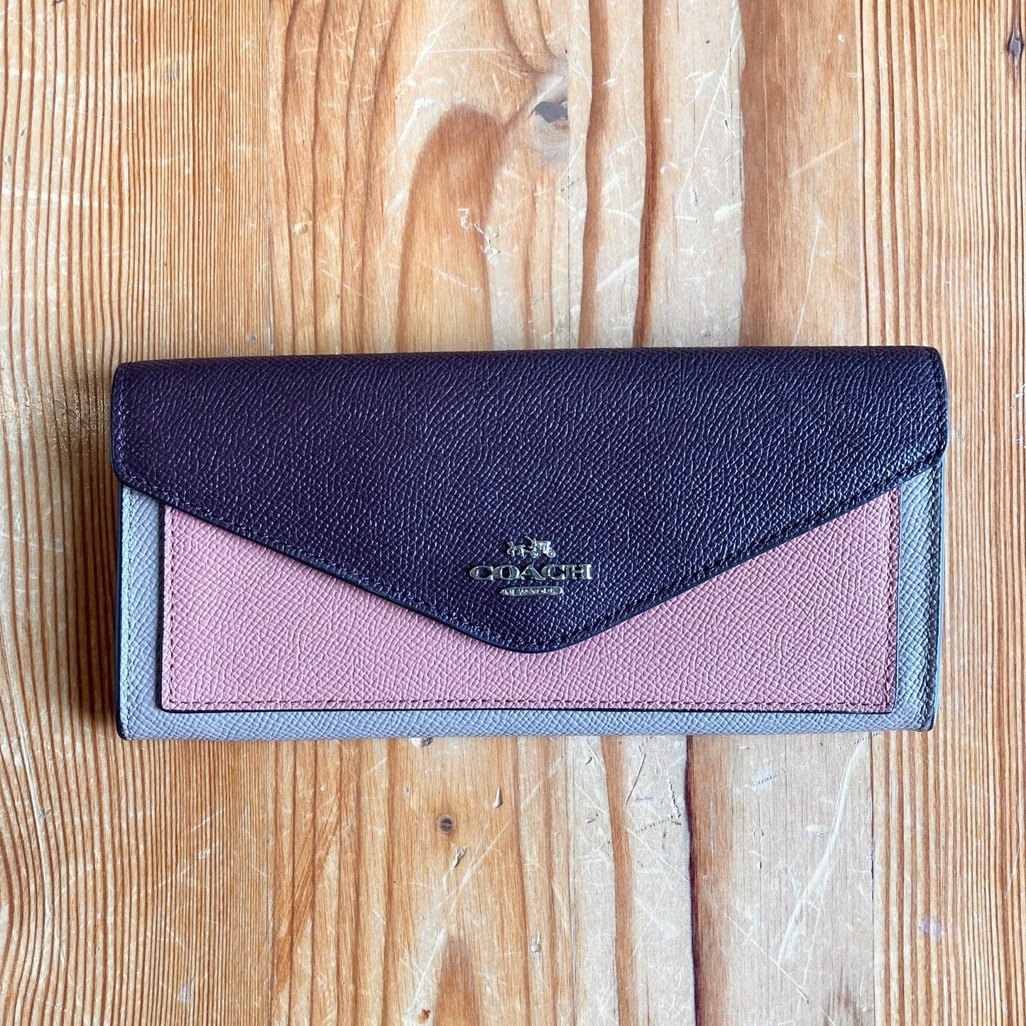 Coach NEW Purple Pink Tan Color-block Pebbled Leather Envelope Wallet 0322AS