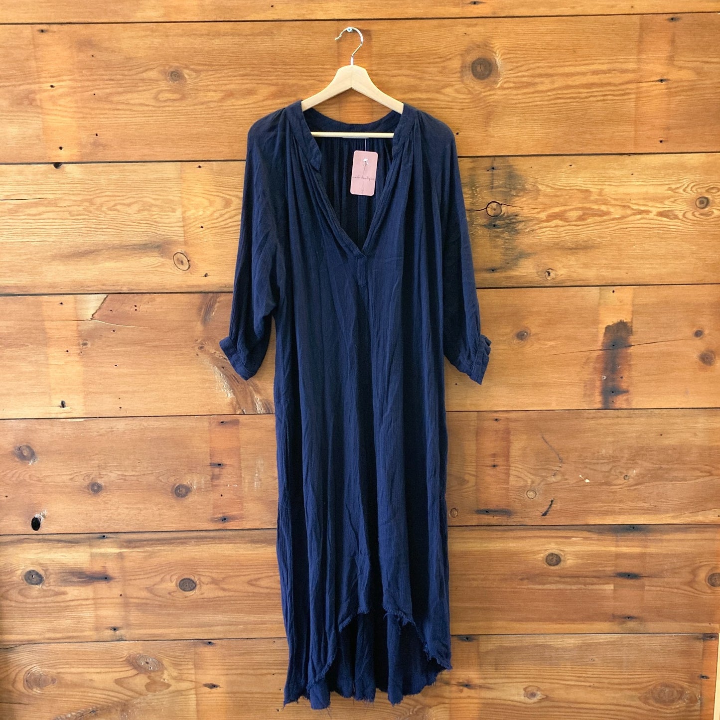 O/S - Black Crane Navy Blue Bamboo Cotton Gauze 3/4 Sleeve Dress 0313AH
