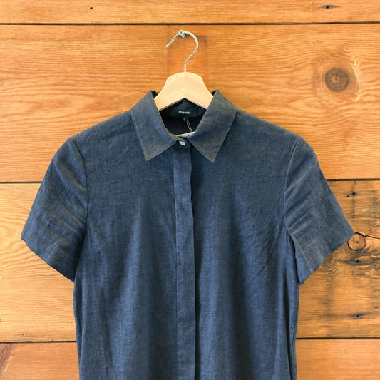 Theory Navy Short Sleeve Button Front Linen Blend Dress - Size P / XS - 0203DE