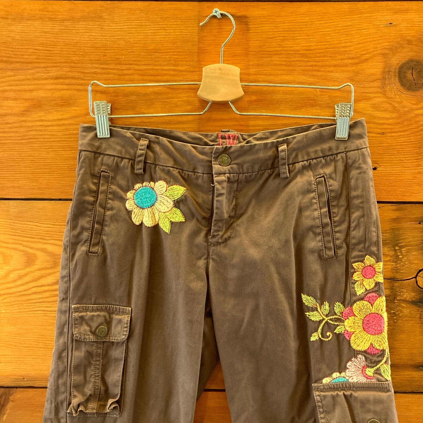 JW Los Angeles Johnny Was Brown Floral Embroidered Cargo Pants - Size S - 0423MR