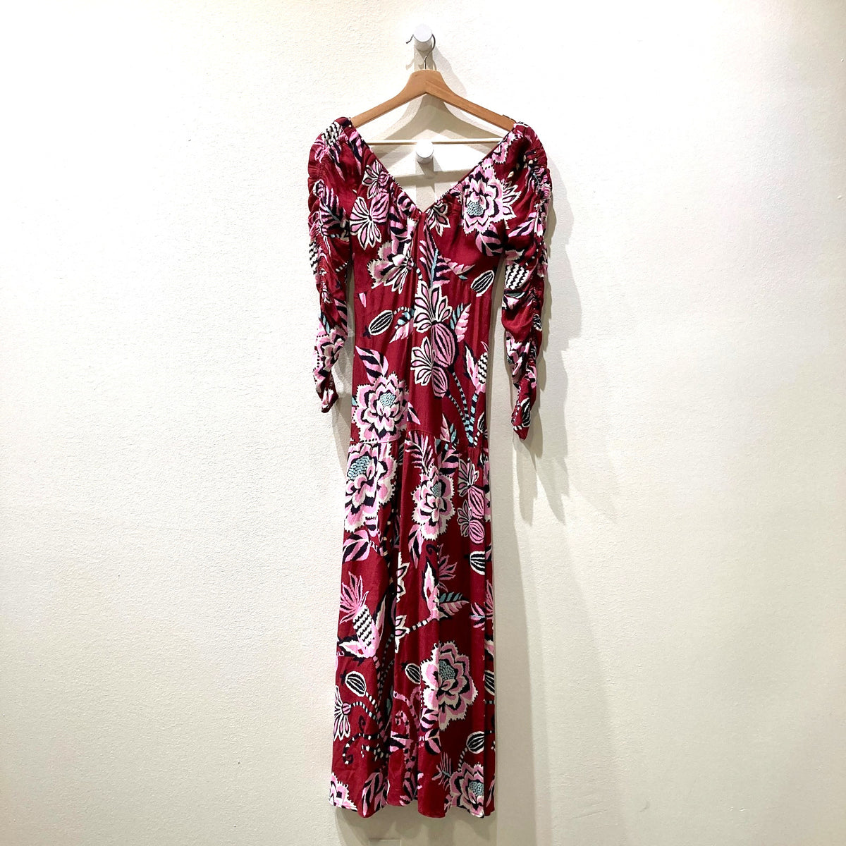 Farm Rio Burgundy Floral Ruched Sleeve V Neck Maxi Dress - Size XS - 1103ES