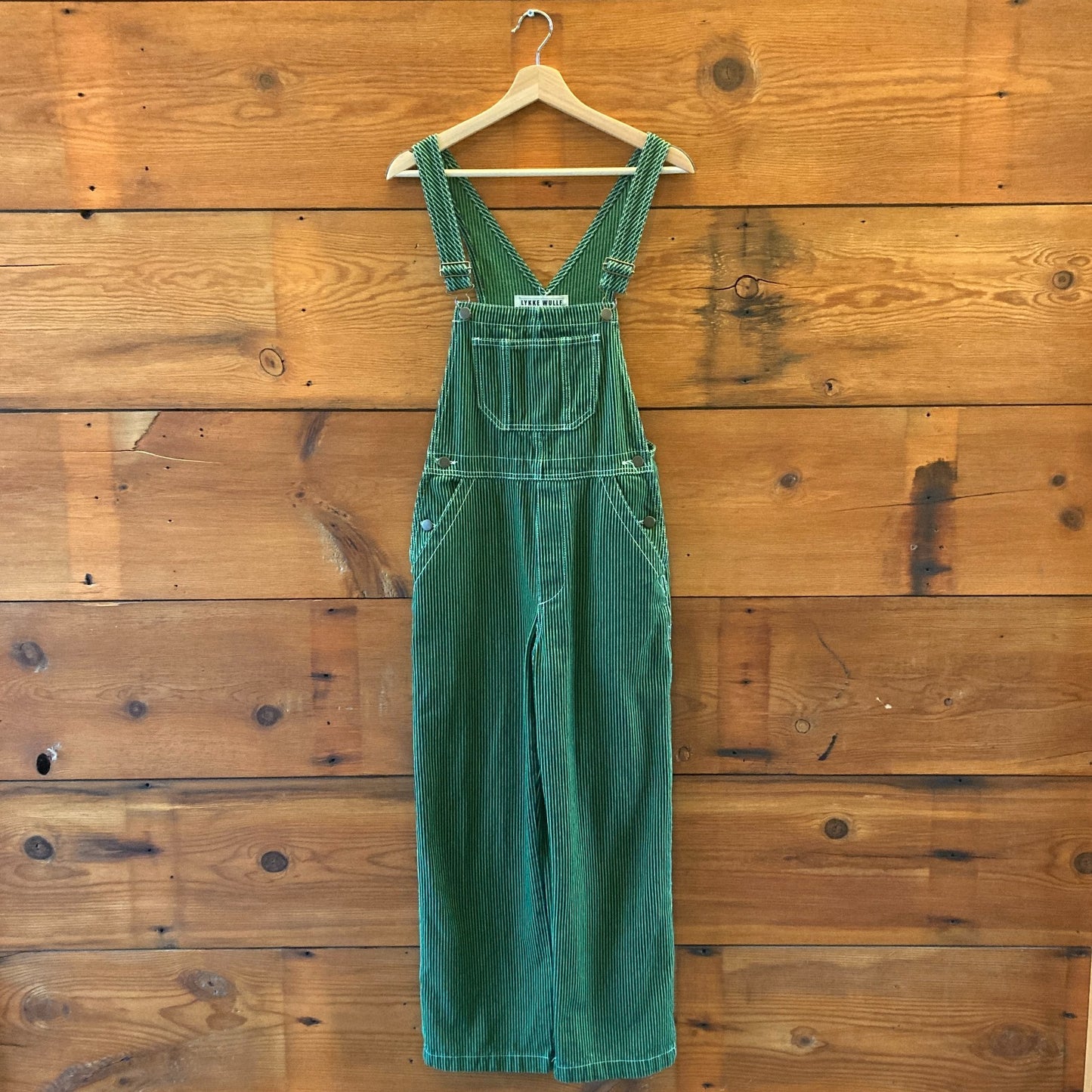 XS / S - Lykke Wullf Green Navy Striped Workwear Sierra Bib Overalls 0312IG