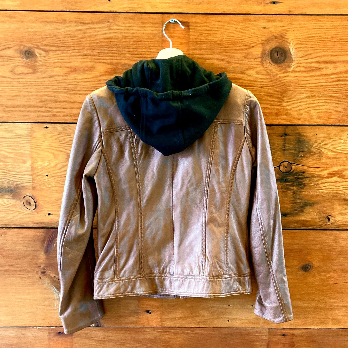 S - Andrew Marc Brown Leather Zip Up w/ Detachable Hoodie Hooded Jacket 0926RE