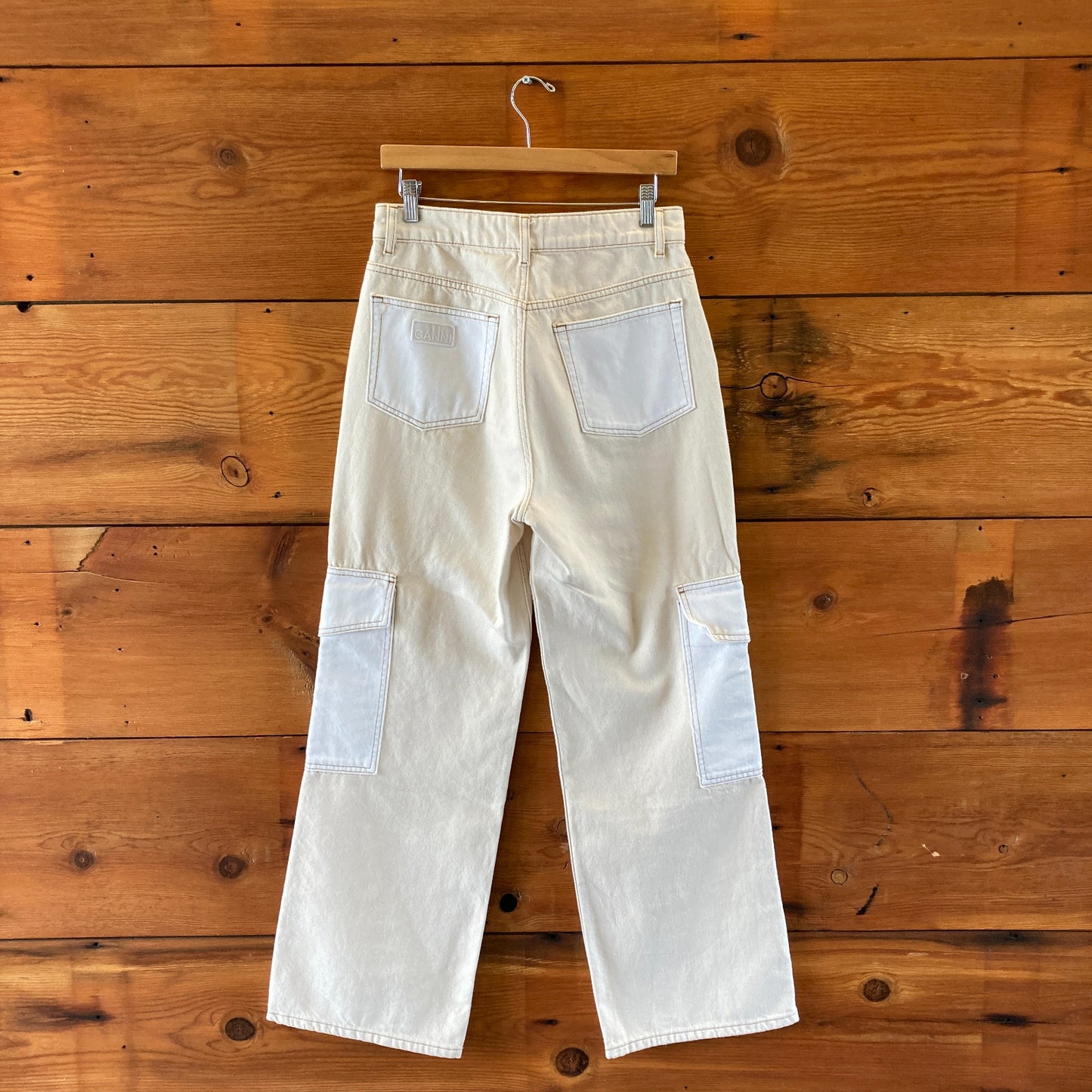 Ganni Ecru Denim Angi Egret Wide Leg Cargo Pants - Size 29 - 0204MP