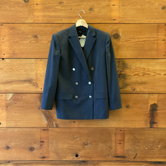 Theory $545 Navy Blue Oxford Wool Boxy Double Breasted Blazer - Size 4 - 1125KG