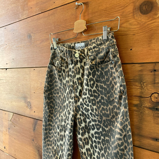 Ganni Leopard Print Betzy Cropped High Waist Jeans - Size 27 - 0312IG