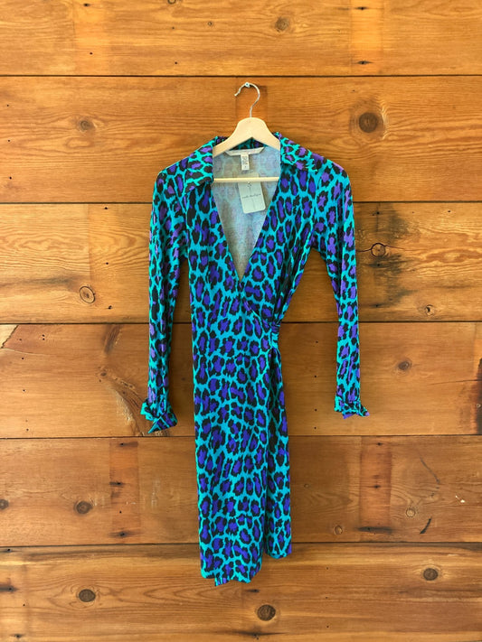 Diane Von Furstenberg Teal Animal Print Silk Jeanne Wrap Dress - Size 2 - 0314GM