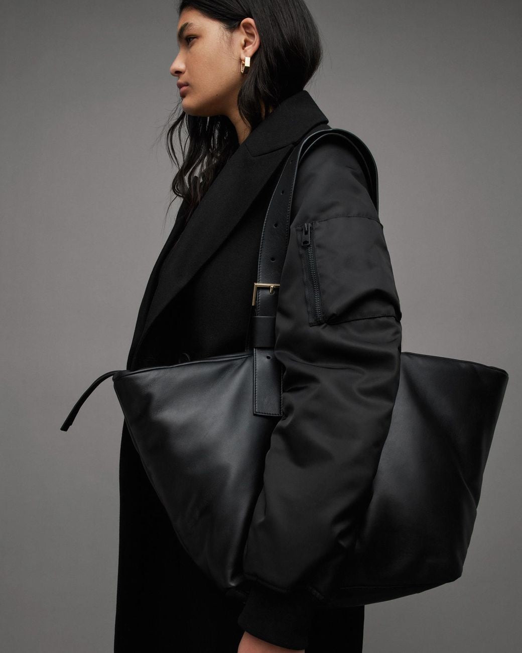 AllSaints Black Leather Spacious Lined Aika Puffer Tote Bag Purse - 0708LG