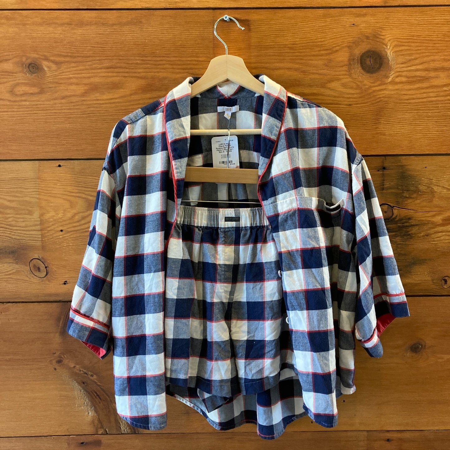 LUNYA Navy Check Flannel Pajama Shirt Shorts Pants 3 Piece Set - Size S - 0312IG