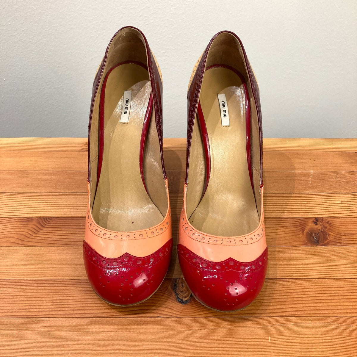 Miu Miu Patent Leather Brogue Colorblock Block Heels - Size 39.5 / 9.5 - 0103JM