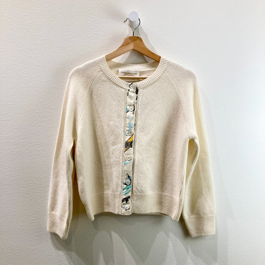 La Prestic Ouiston Ivory Wool Silk Trim Button Up Cardigan - Size 3 / L - 0930AC