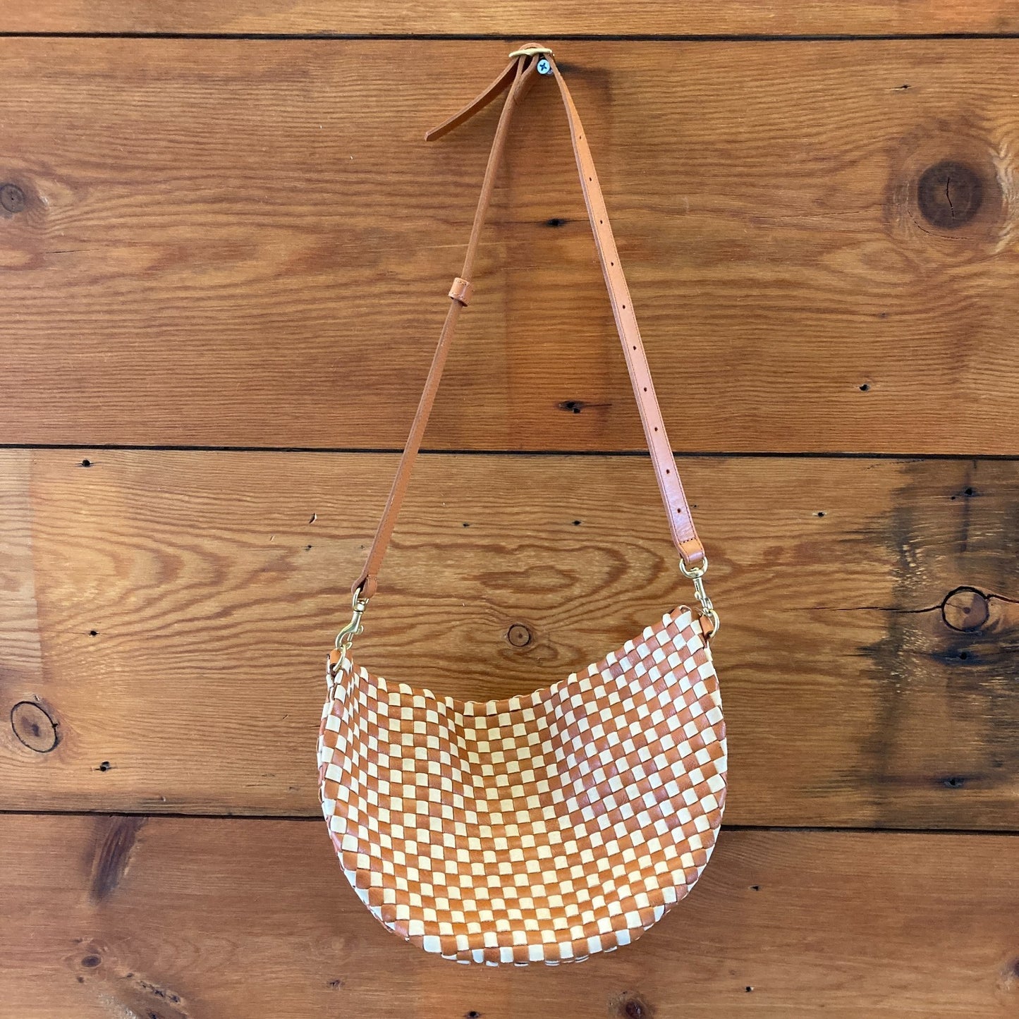Clare V Brown & Ecru Woven Leather Checkered Grande Fanny Purse - 0120NE