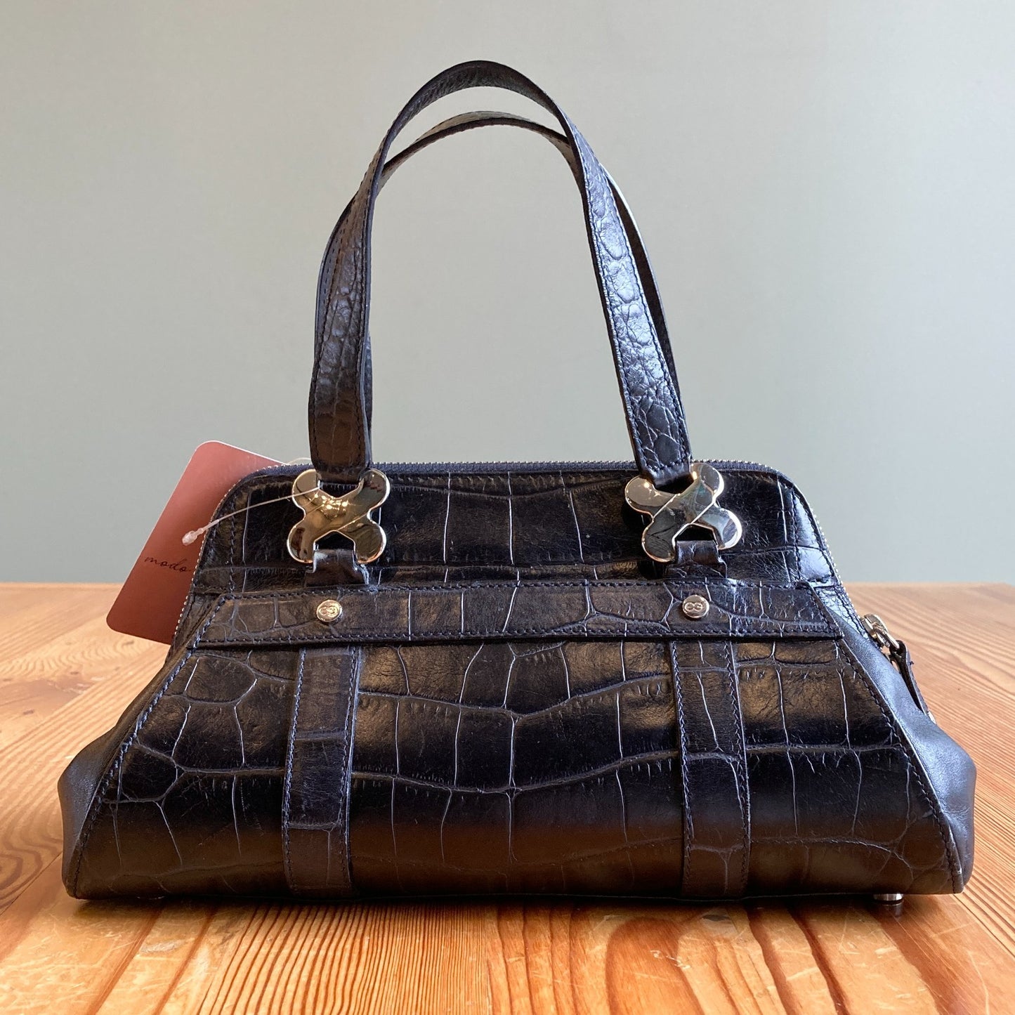 Vintage Escada Black Croc Embossed Top Zip Mini Handbag Purse 1107SS