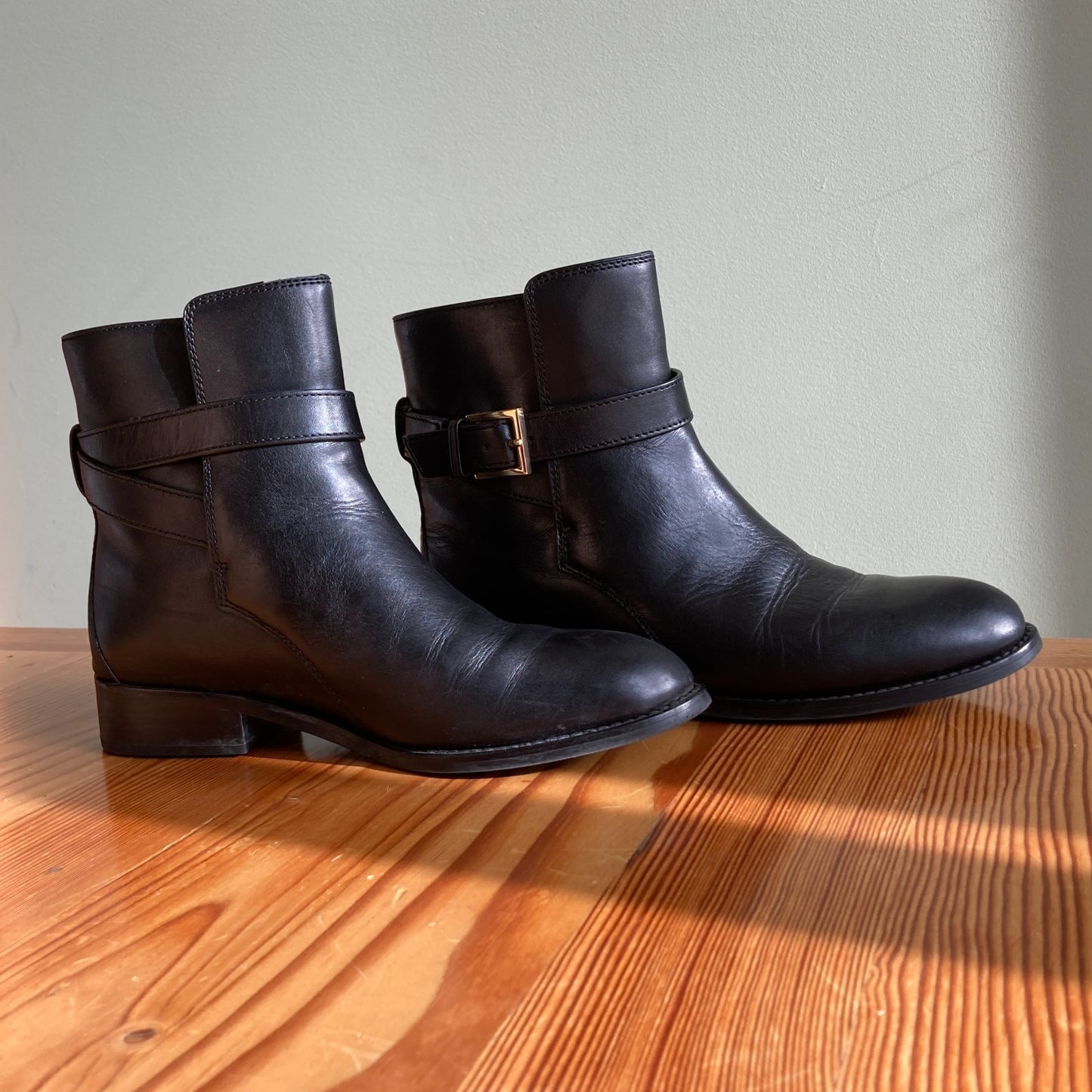 7.5 - Tory Burch Brooke Black Leather w/ Gold Tone Buckle Ankle Boots 0315MN