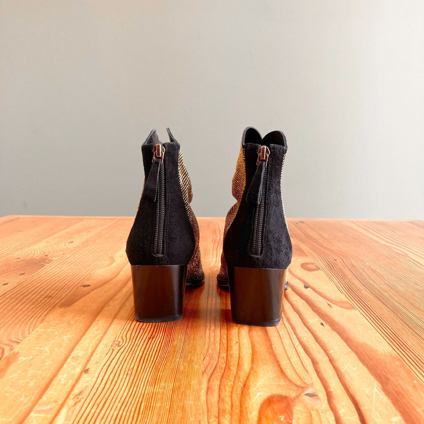 36.5 / 6-6.5 - Alexandre Birman Black & Gold Suede Jenny Booties w/ Box 0719JK