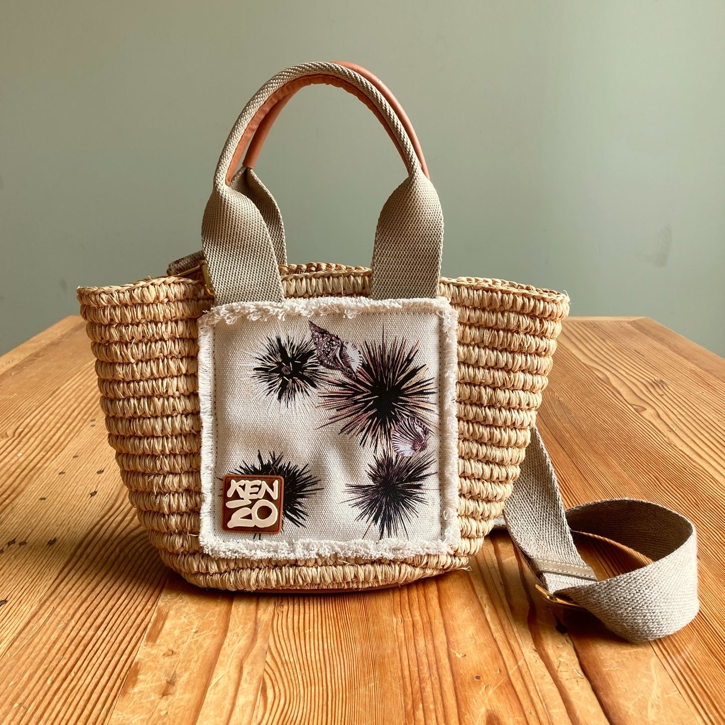 Kenzo Raffia & Canvas Straps Sea Urchin Crossbody Purse Bag - 0422VS