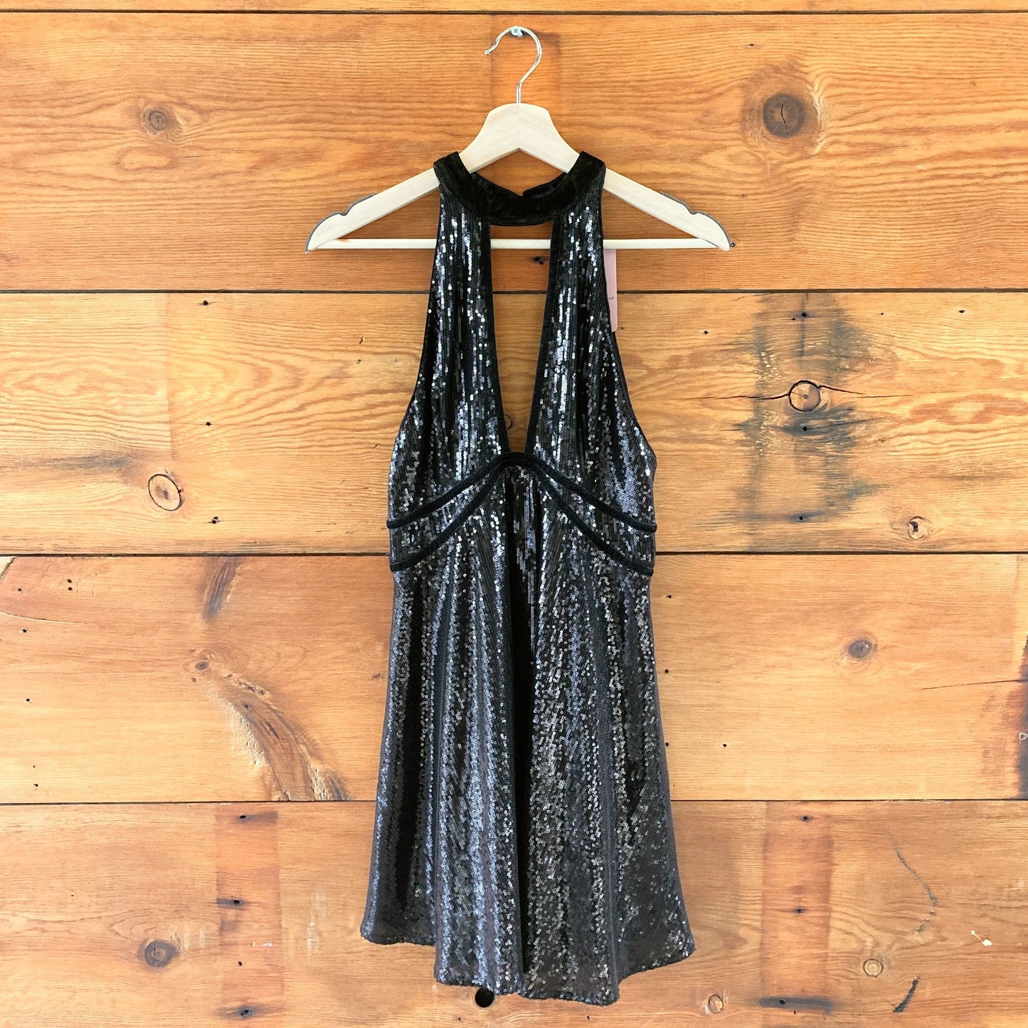 4 - Free People Black Deep V Open Back Sequin Cocktail Mini Dress 1227MS