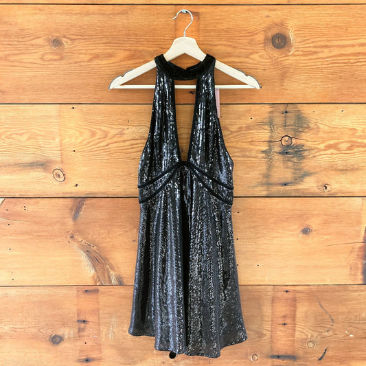 4 - Free People Black Deep V Open Back Sequin Cocktail Mini Dress 1227MS