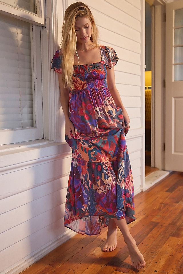M - Michelle Morin Anthropologie Multi-Color Printed Smocked Maxi Dress 0707AC
