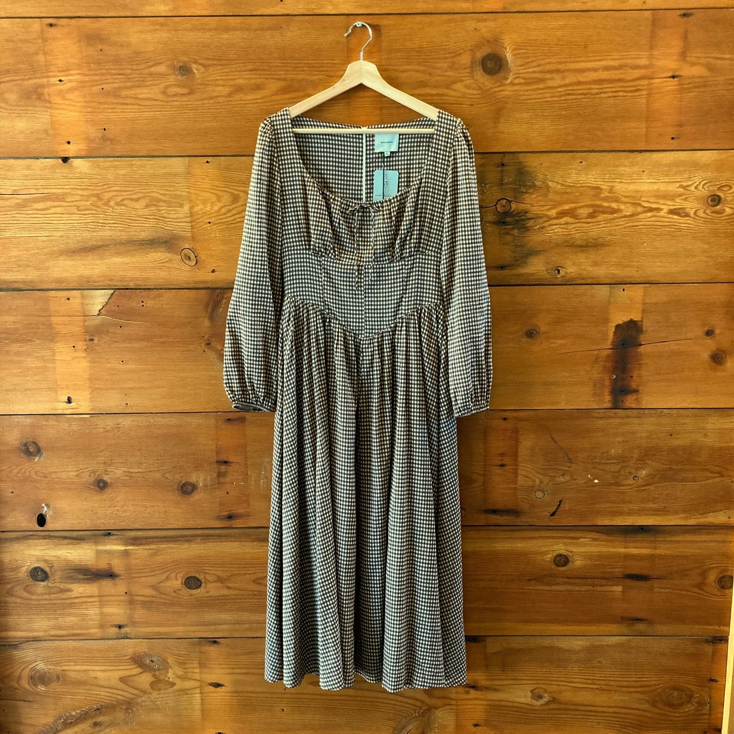 Reformation Brown Gingham NEW Long Sleeve Oria Midi Dress - Size 8 - 0607CC