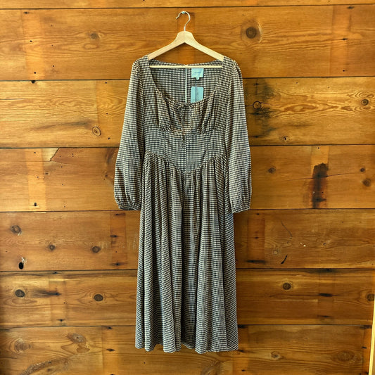 Reformation Brown Gingham NEW Long Sleeve Oria Midi Dress - Size 8 - 0607CC