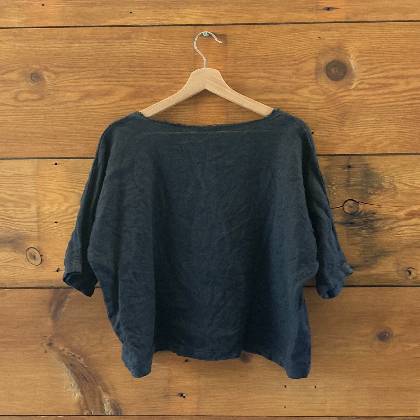 Black Crane Short Sleeve Wide Neck Oversized 100% Linen Top - Size S - 0106KA