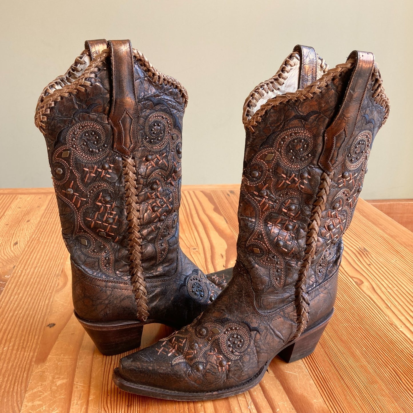 Corral Brown Leather Embroidered Braided Seam Western Boots - Size 7 - 0811GR