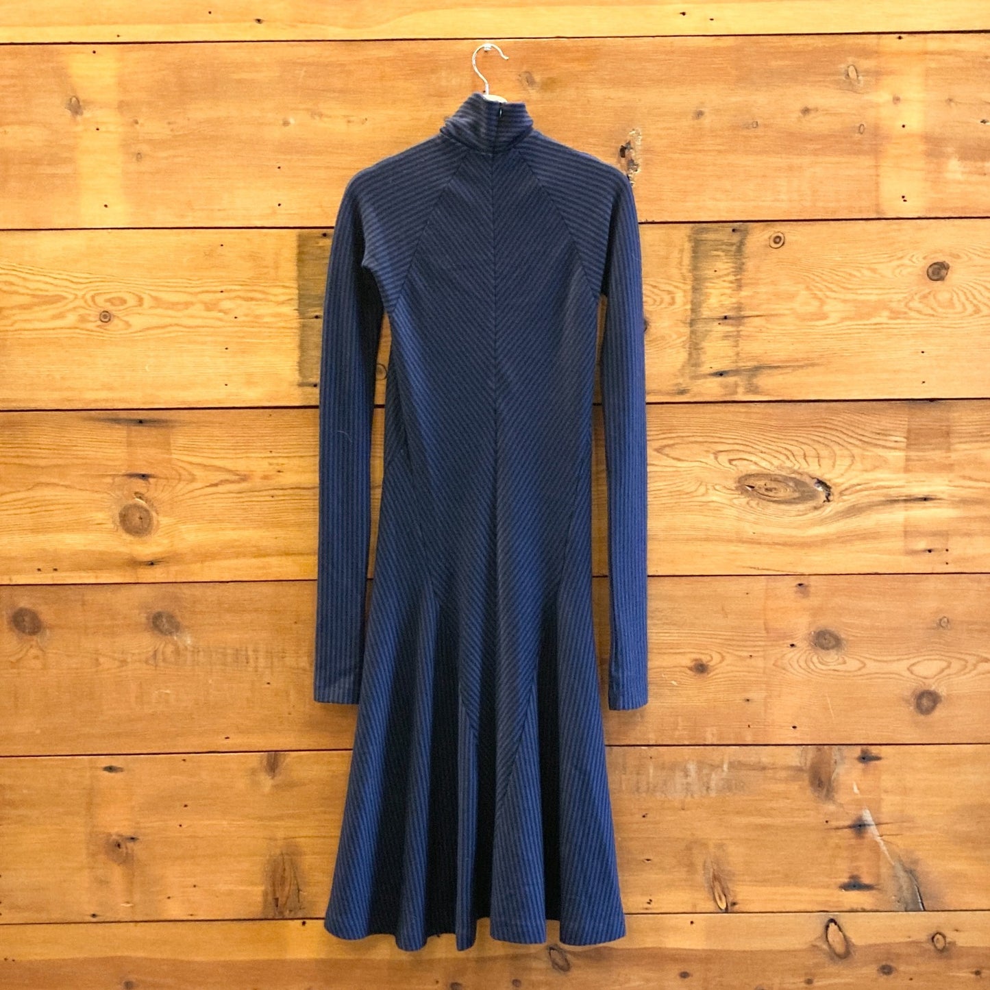 XS - Haider Ackermann Blue & Black Striped Turtleneck Wool Midi Dress 1010RW