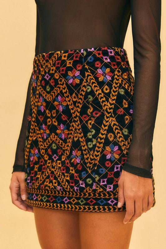 XXS - Farm Rio Multi Color Embroidered Corduroy Mini Pencil Skirt 0508DK