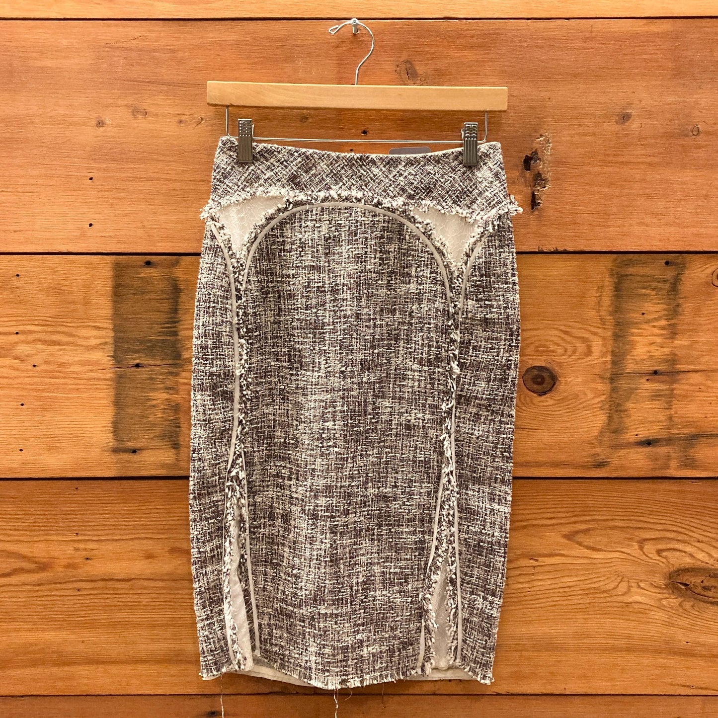 2 - Zac Posen Brown White Silk Tweed Pencil Wiggle Midi Skirt 0426CR