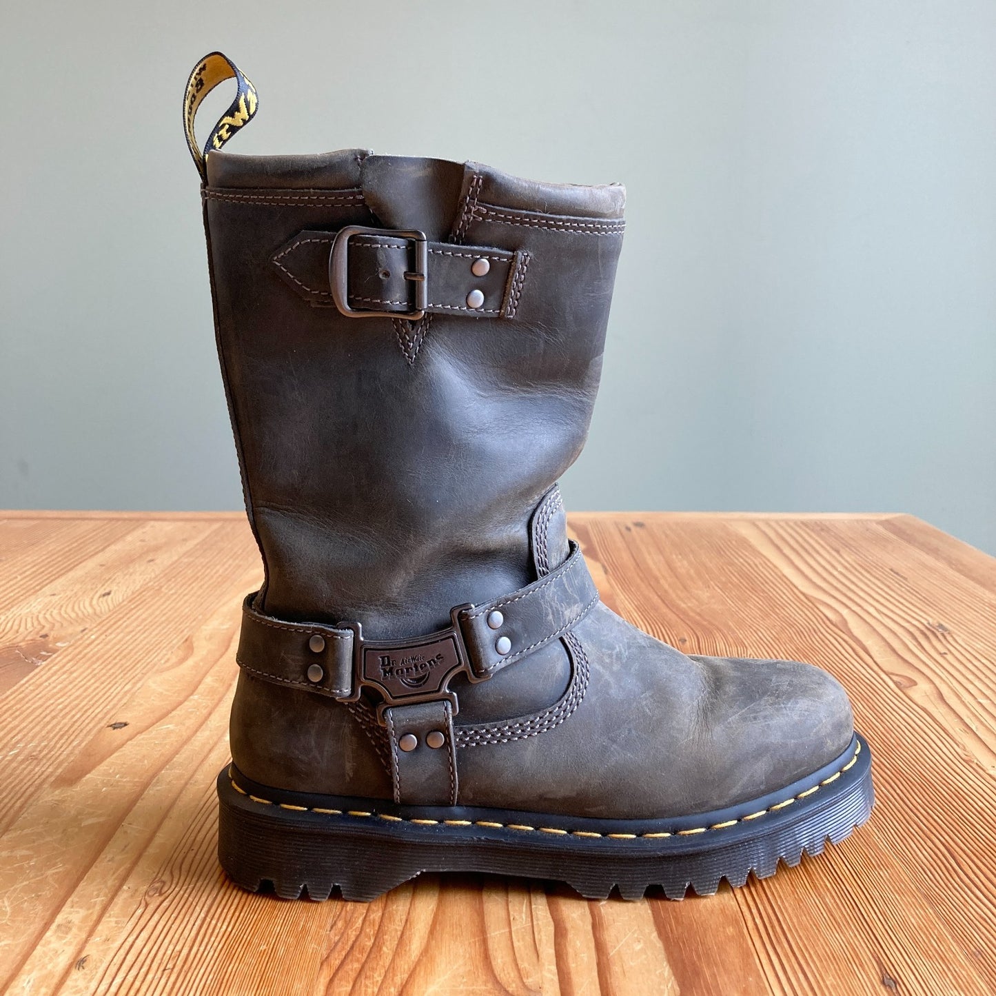 Dr Martens Charcoal Leather Anistone Biker Boots - Size 9 - NEW w/ Box - 0425SV