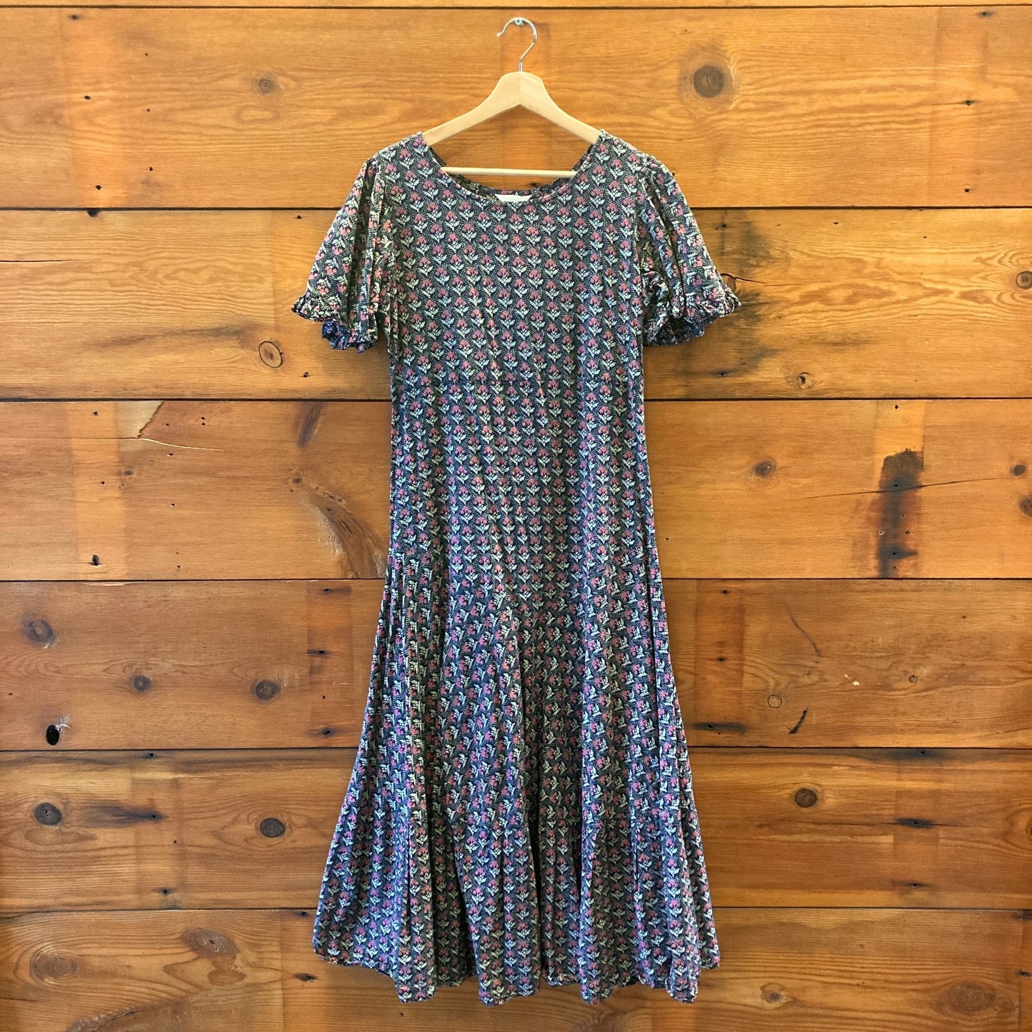 M - Voloshin Navy Pink Floral Print Ruffle Short Sleeve Boho Maxi Dress 0416JW