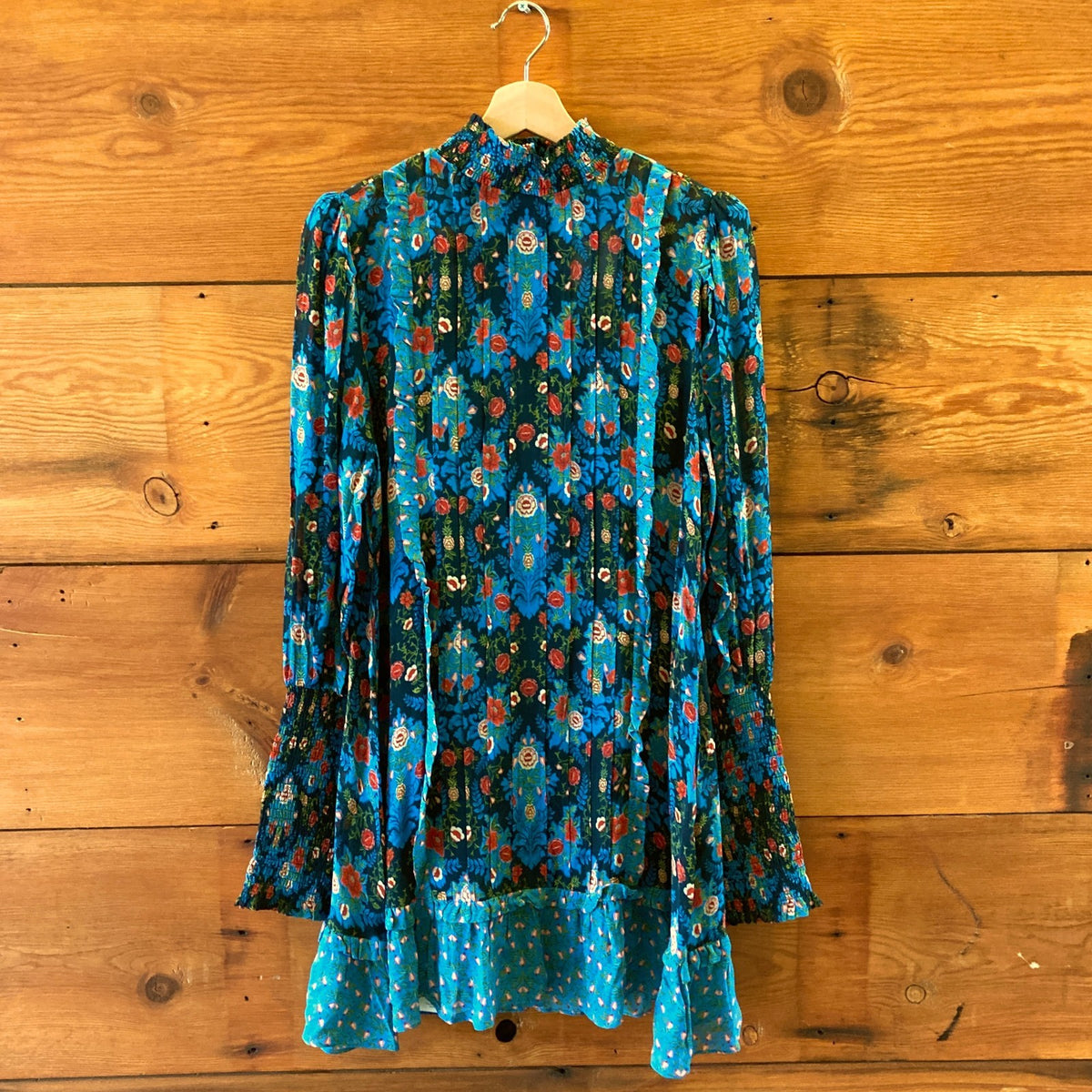 Farm Rio $260 Blue Floral High Neck Arabesque Mini Dress - Size XS - NEW - 0224D