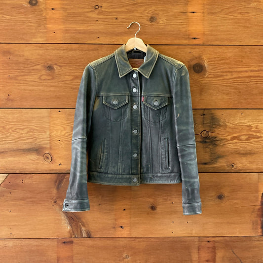 XS - Levi's Mens Distressed Sheepskin Button Up Trucker Leather Jacket 0813CP
