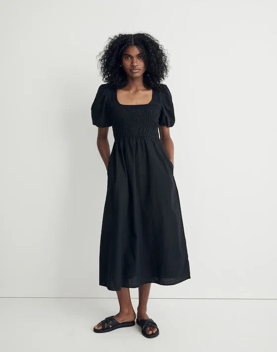 Madewell $128 Black Smocked Short Sleeve Lucie Dress - Size 10 - NEW - 0523HS