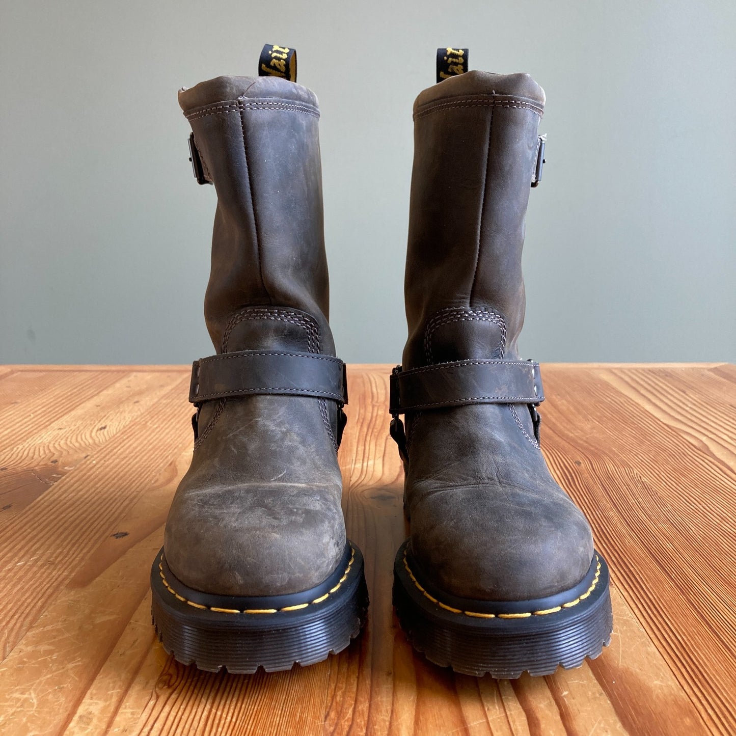 Dr Martens Charcoal Leather Anistone Biker Boots - Size 9 - NEW w/ Box - 0425SV